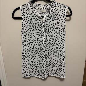 LOFT White and Black Polka Dot Ruffle Neck Mixed Media Shell Blouse